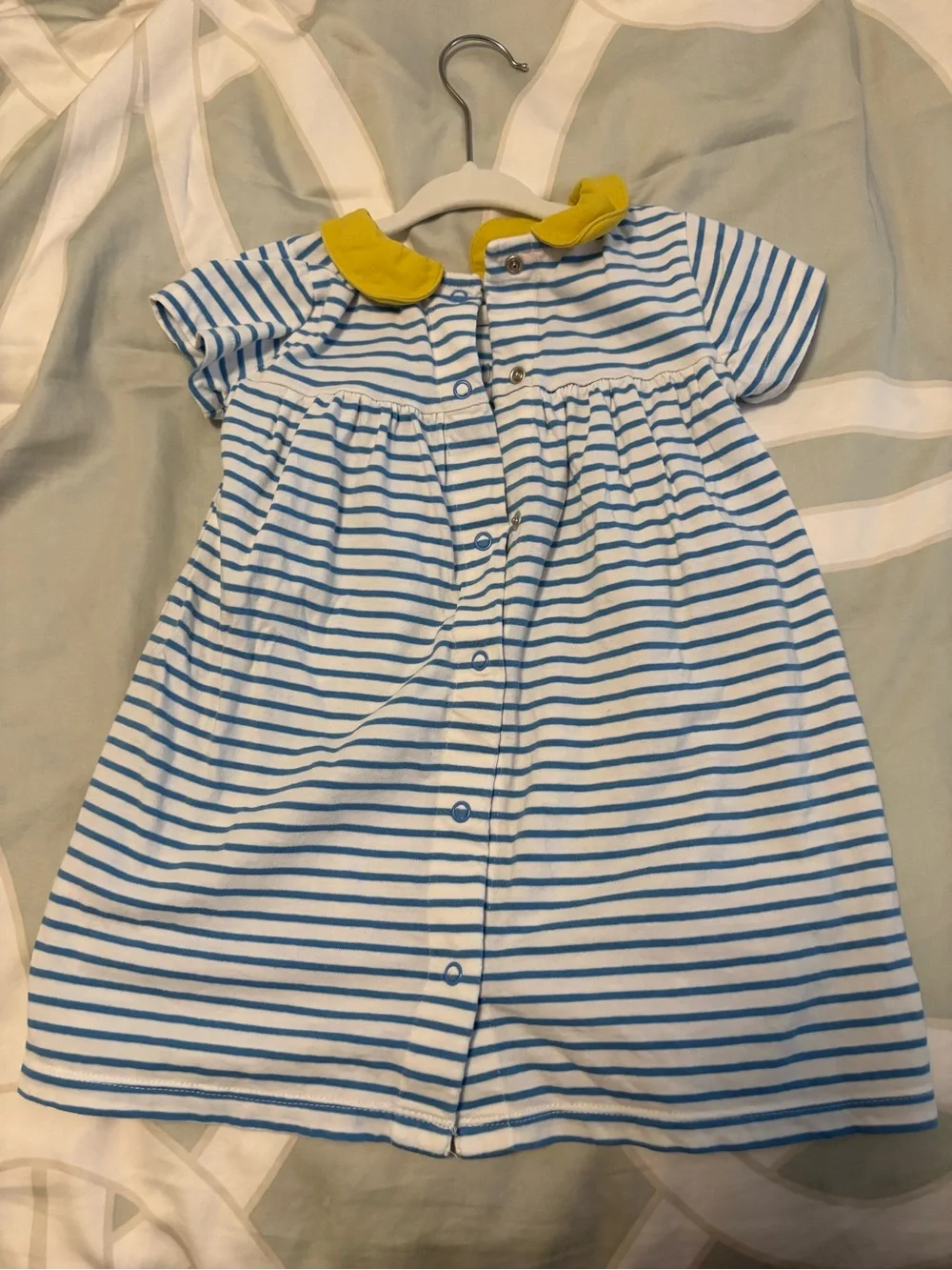 Mini Boden Blue and White Striped Dress with Yellow Collar and Giraffe Appliqués